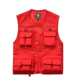 Summer Men's Outdoor Fishing Mesh Vest Jackets Travel Photography Waistcoats Man Jungle Tactical Quick Dry Multi Pockets Jacket (Option: Red-4XL)